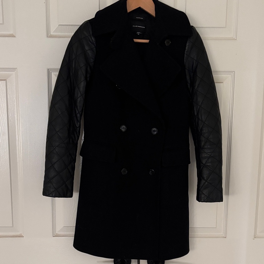 Club Monaco Black Pea Coat with Quilted Sleeves